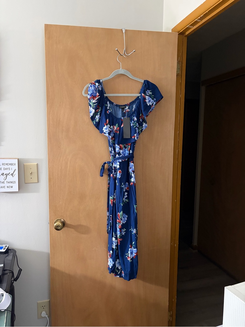 Blue Floral Off-Shoulder Maxi Dress with Tie Waist